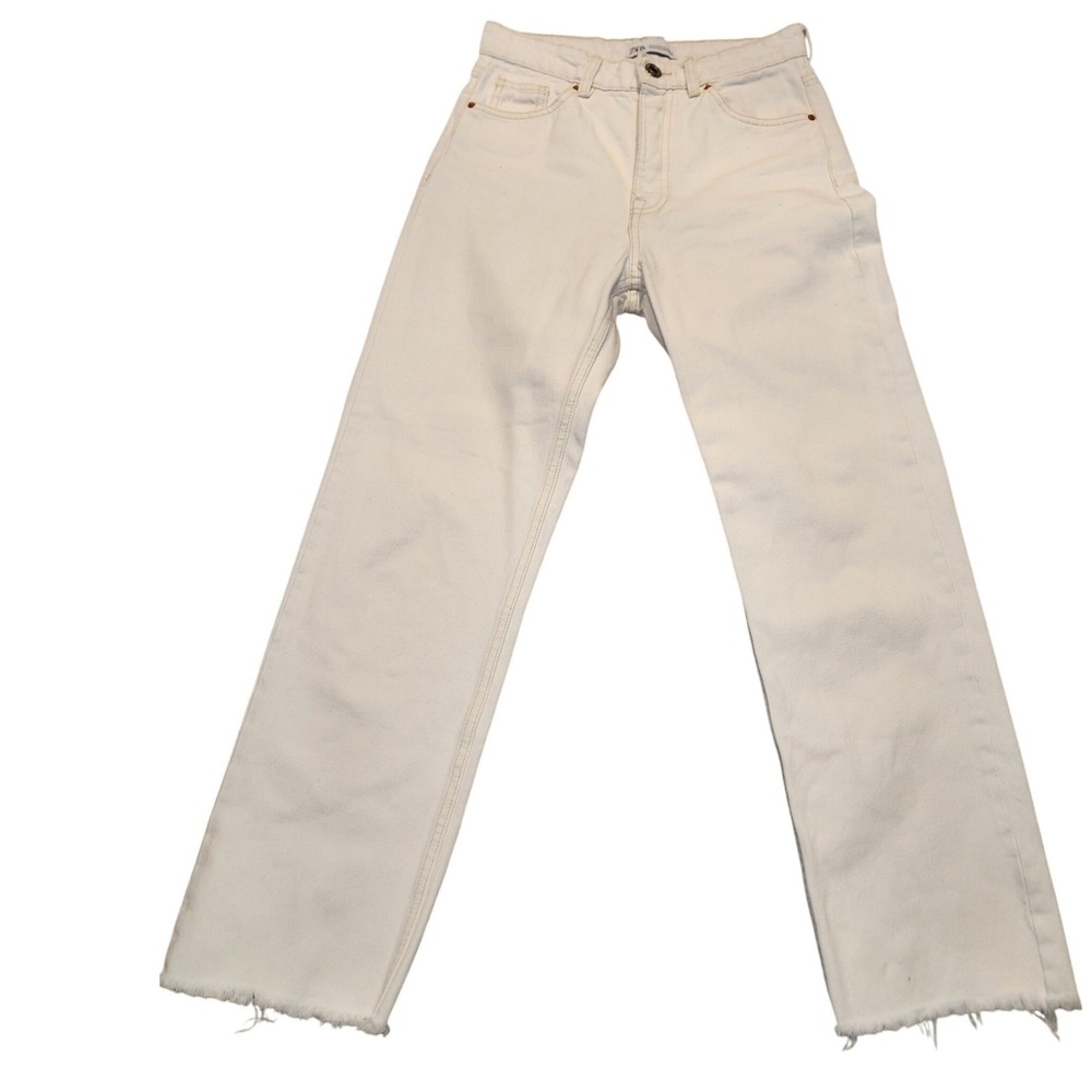 ZARA Off White High Waisted Straight Leg Raw Hem Jeans Womens 2 26x26 casual